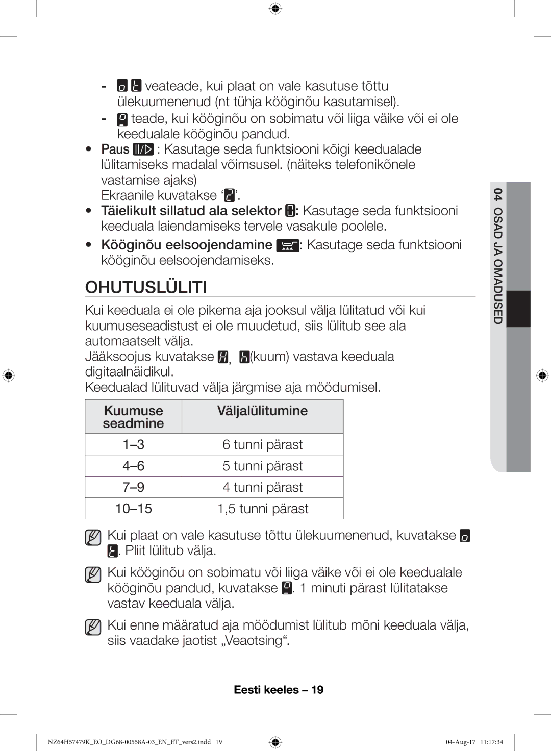 Samsung NZ64H57477K/EO manual Ohutuslüliti 