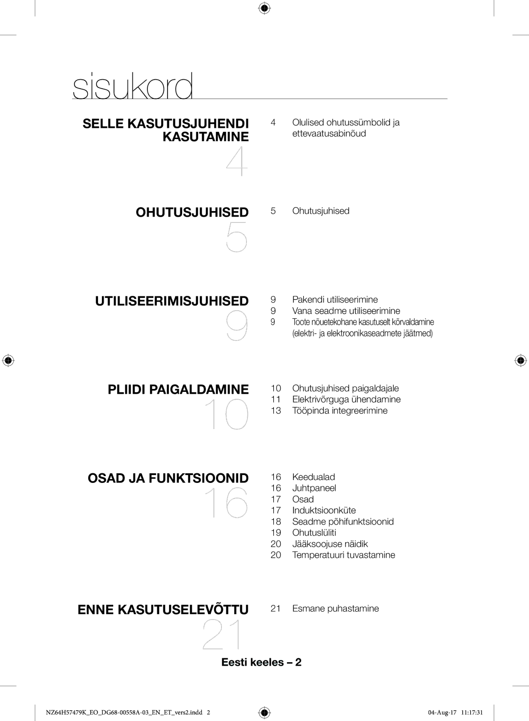 Samsung NZ64H57477K/EO manual Sisukord 