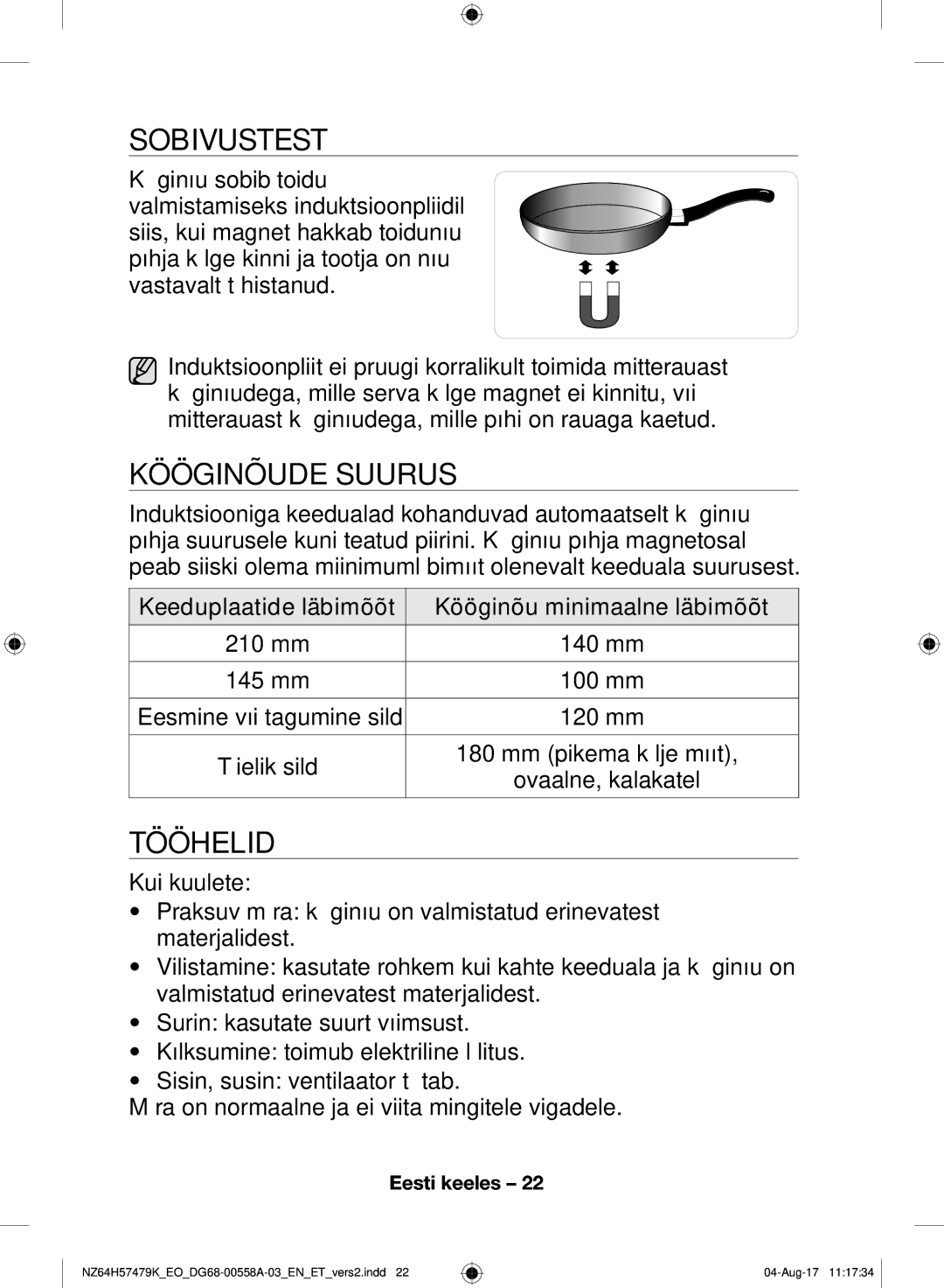 Samsung NZ64H57477K/EO manual Sobivustest, Kööginõude Suurus, Tööhelid 