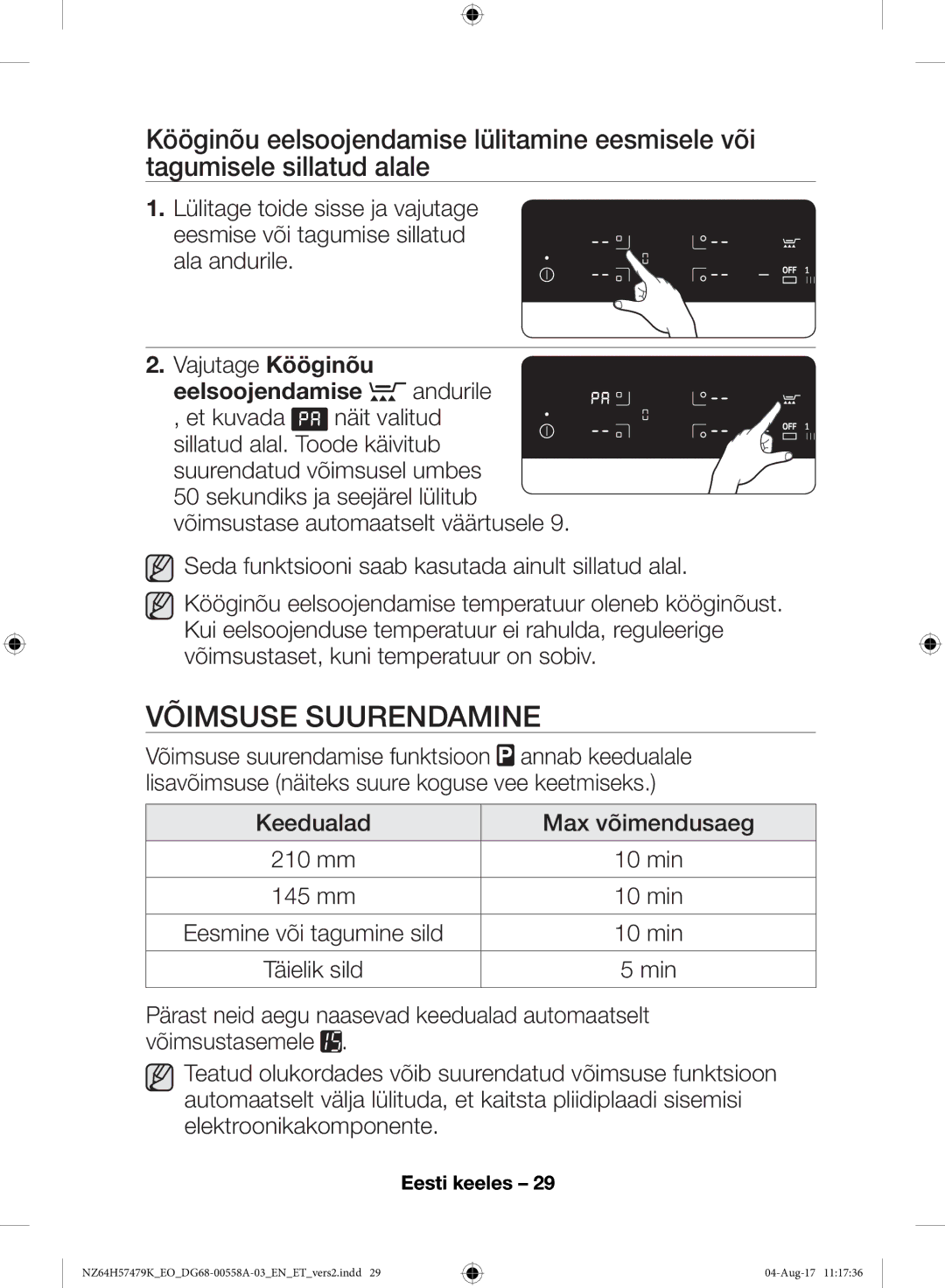 Samsung NZ64H57477K/EO manual Võimsuse Suurendamine, Eelsoojendamise andurile 