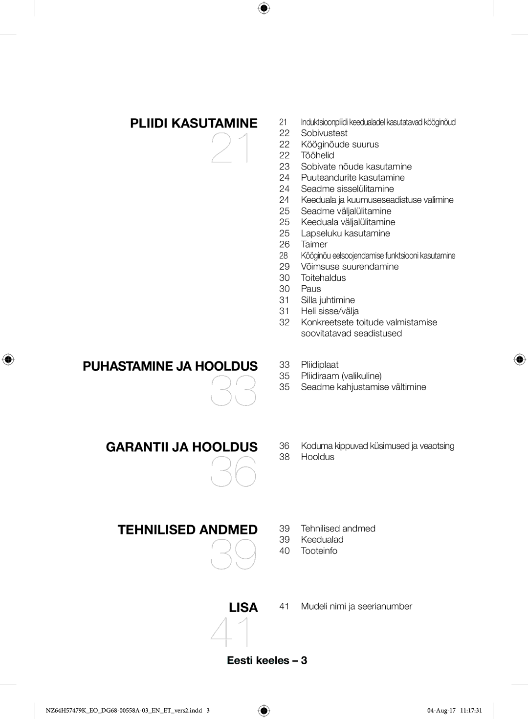 Samsung NZ64H57477K/EO manual Pliidi Kasutamine 