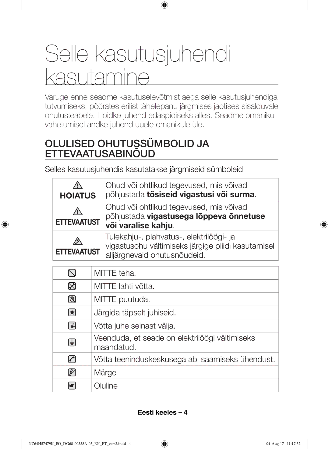 Samsung NZ64H57477K/EO manual Olulised Ohutussümbolid JA Ettevaatusabinõud, Põhjustada tõsiseid vigastusi või surma 