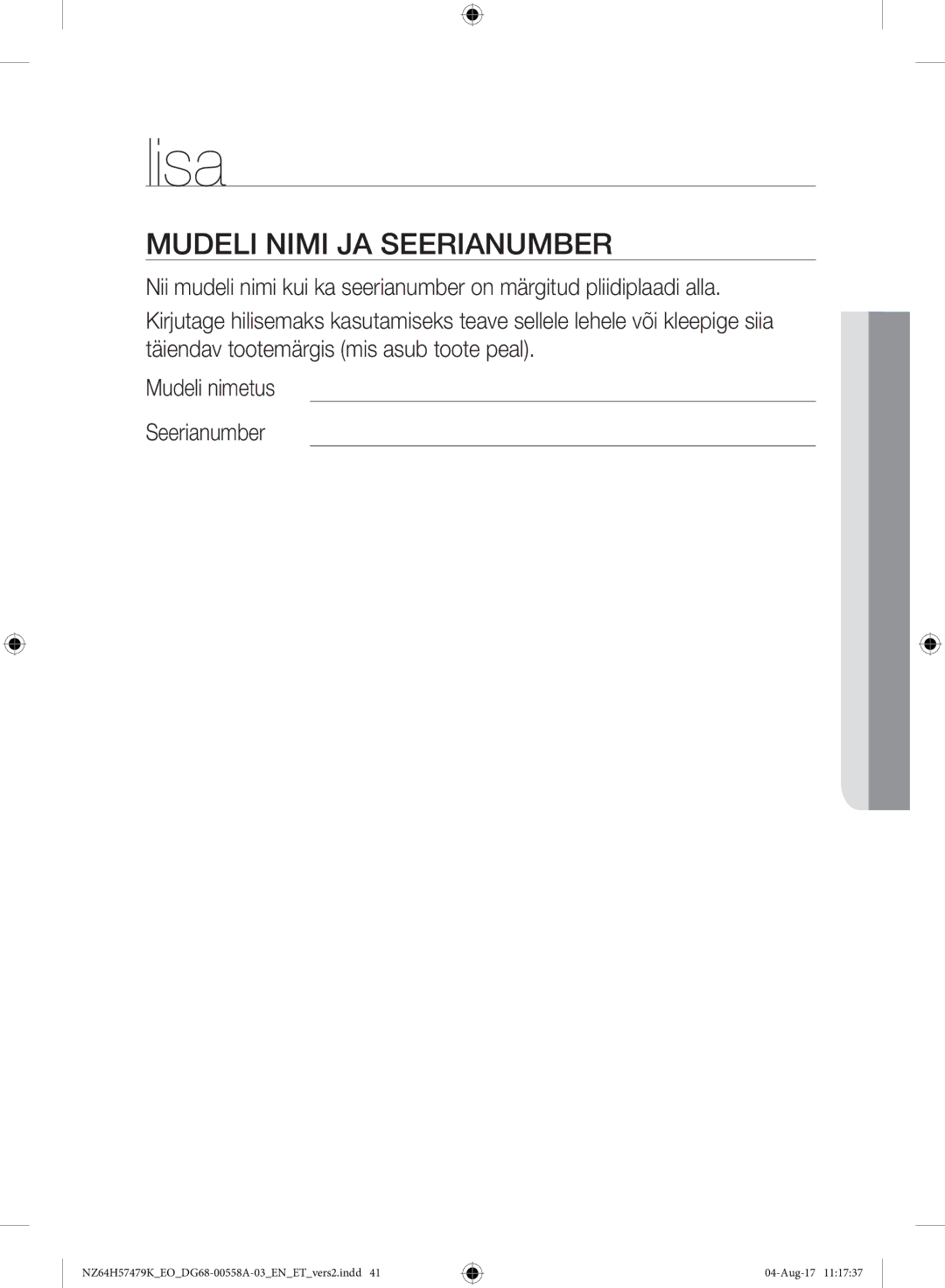 Samsung NZ64H57477K/EO manual Lisa, Mudeli Nimi JA Seerianumber 