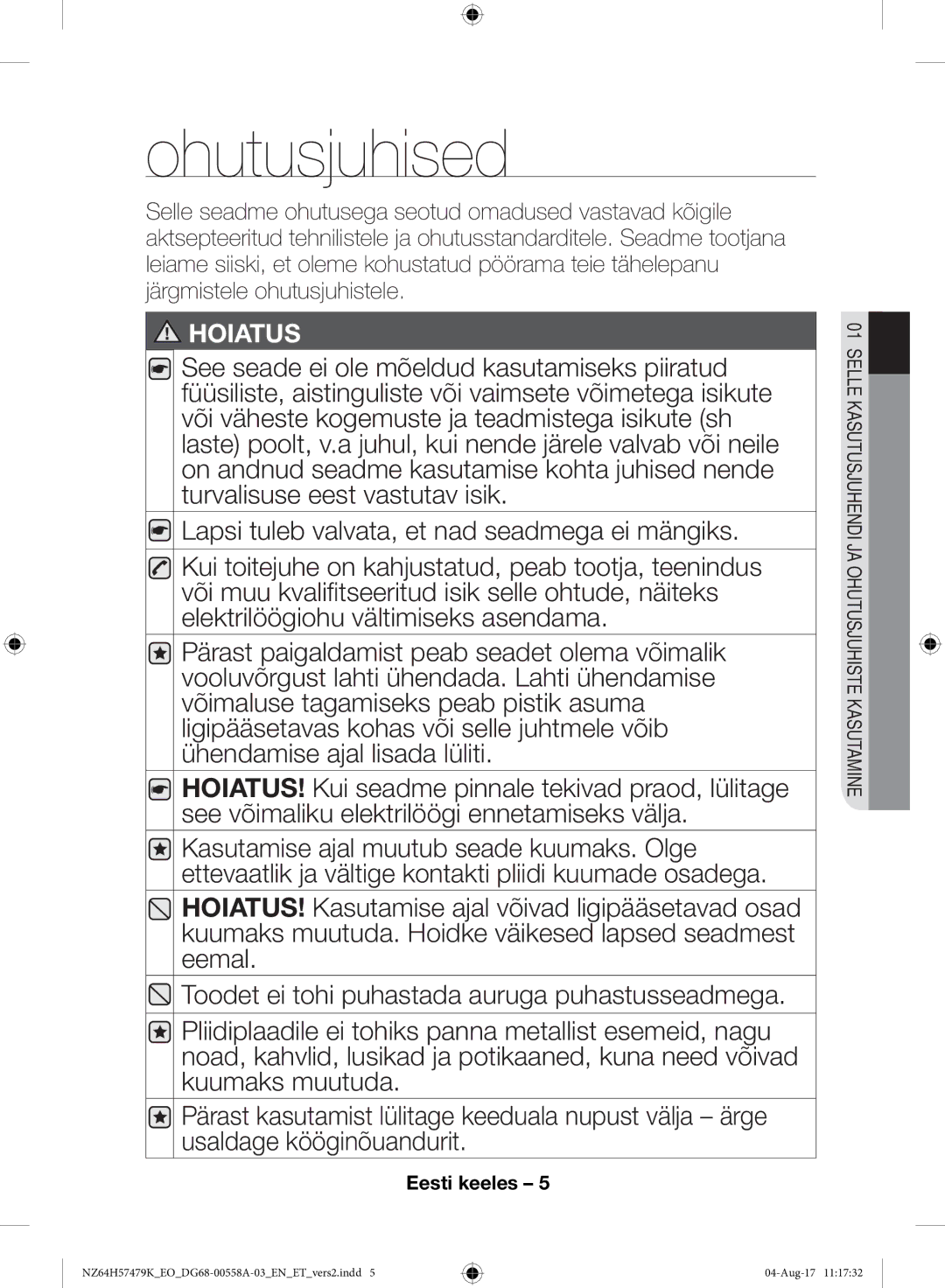 Samsung NZ64H57477K/EO manual Ohutusjuhised 