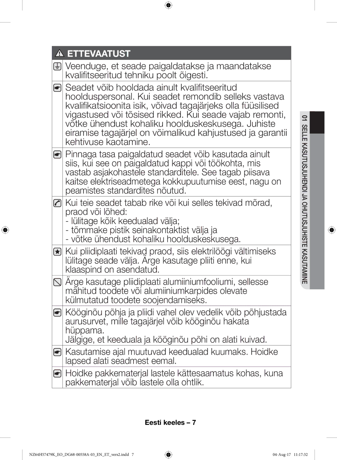 Samsung NZ64H57477K/EO manual Ettevaatust 