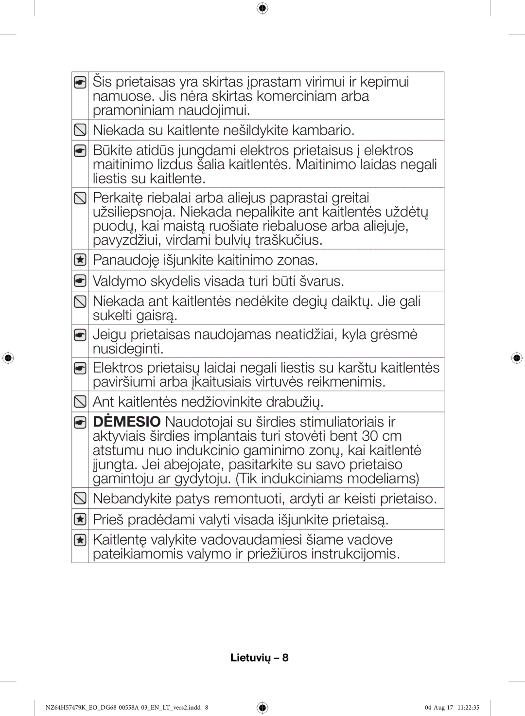 Samsung NZ64H57477K/EO manual Ant kaitlentės nedžiovinkite drabužių 