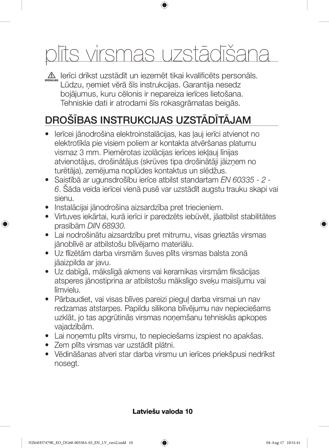 Samsung NZ64H57477K/EO manual Plīts virsmas uzstādīšana, Drošības Instrukcijas Uzstādītājam 