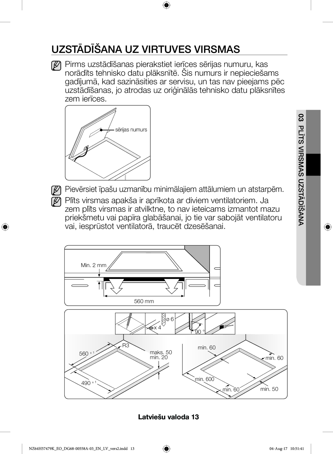 Samsung NZ64H57477K/EO manual Uzstādīšana UZ Virtuves Virsmas 