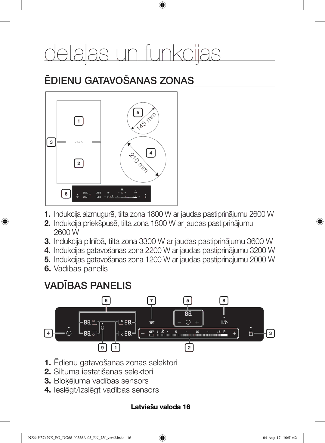 Samsung NZ64H57477K/EO manual Detaļas un funkcijas, Ēdienu Gatavošanas Zonas, Vadības Panelis 