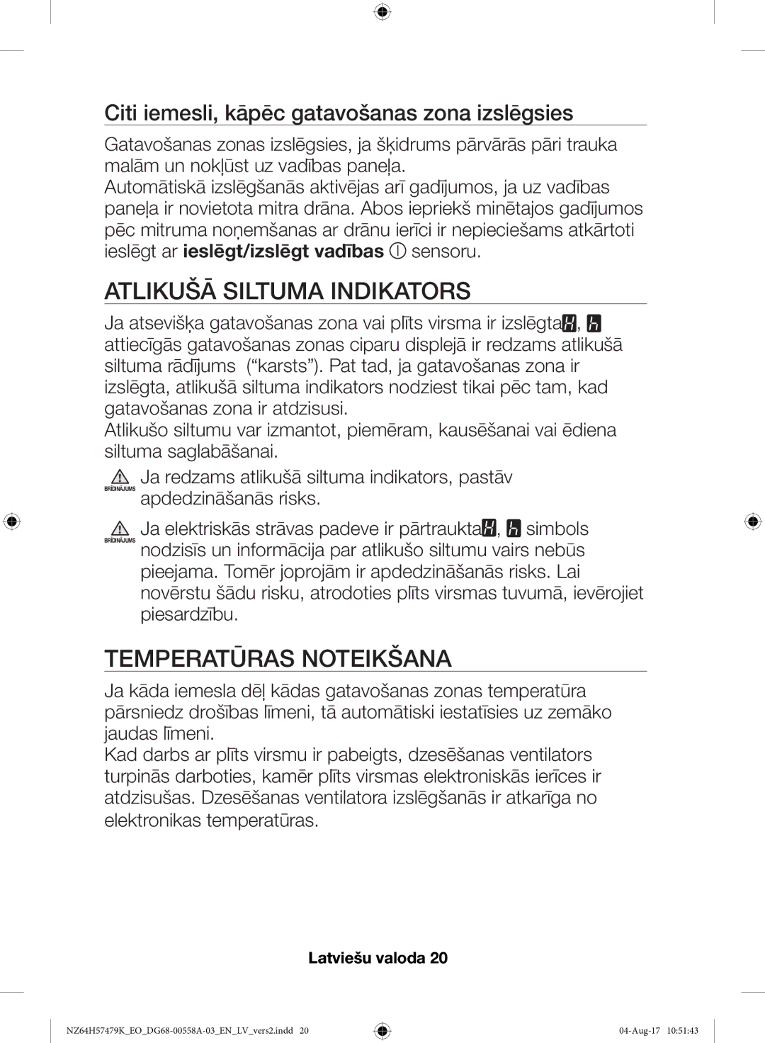 Samsung NZ64H57477K/EO manual Atlikušā Siltuma Indikators, Temperatūras Noteikšana 