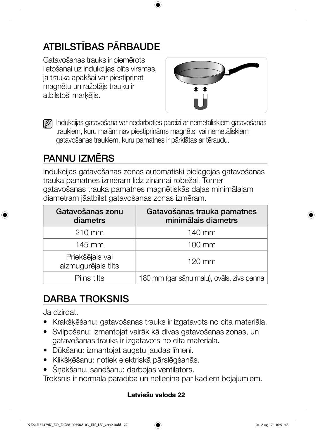 Samsung NZ64H57477K/EO manual Atbilstības Pārbaude, Pannu Izmērs, Darba Troksnis 