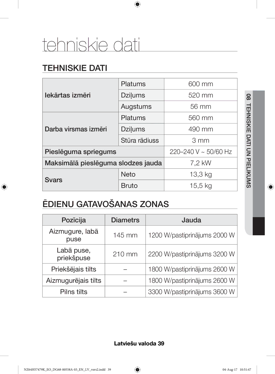 Samsung NZ64H57477K/EO manual Tehniskie dati, Tehniskie Dati 