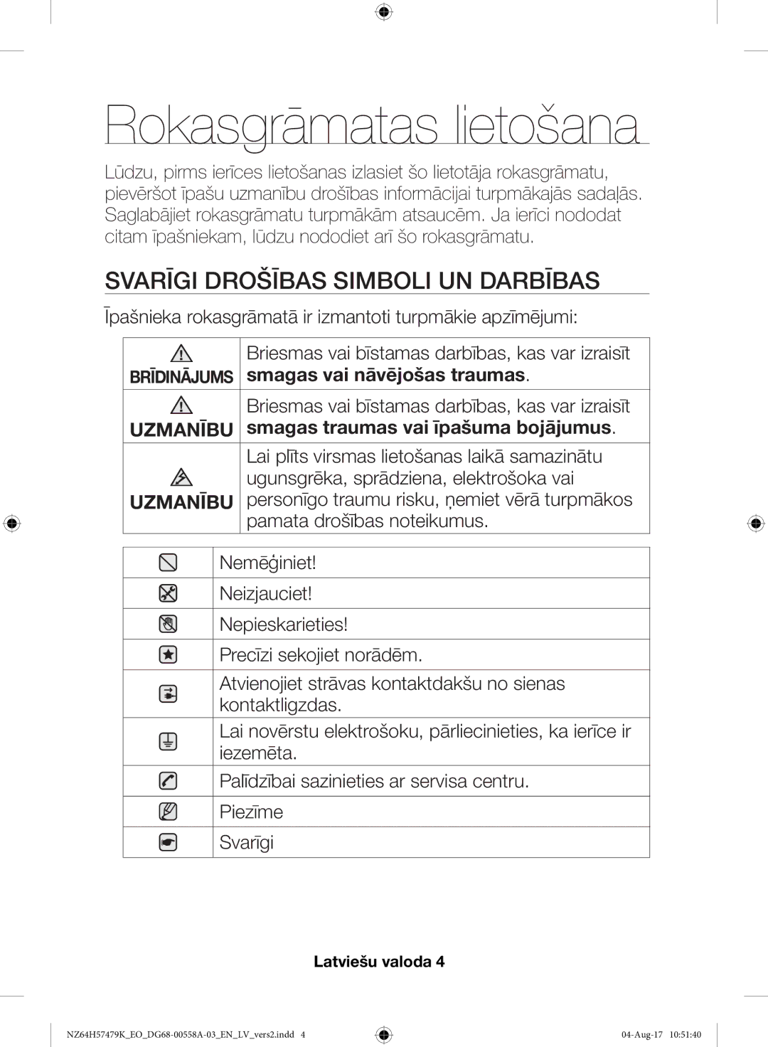 Samsung NZ64H57477K/EO manual Rokasgrāmatas lietošana, Svarīgi Drošības Simboli UN Darbības 