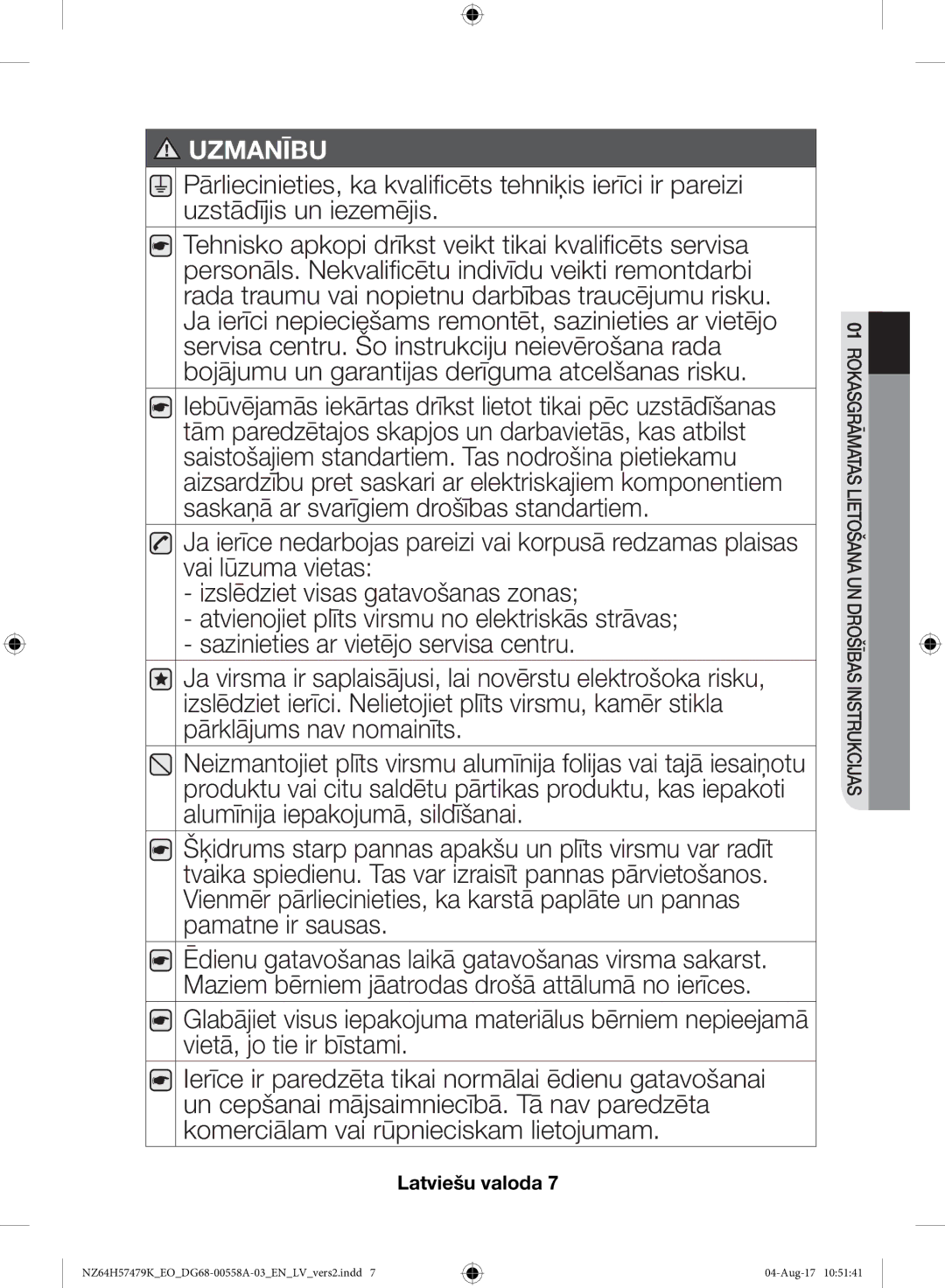 Samsung NZ64H57477K/EO manual Uzmanību 