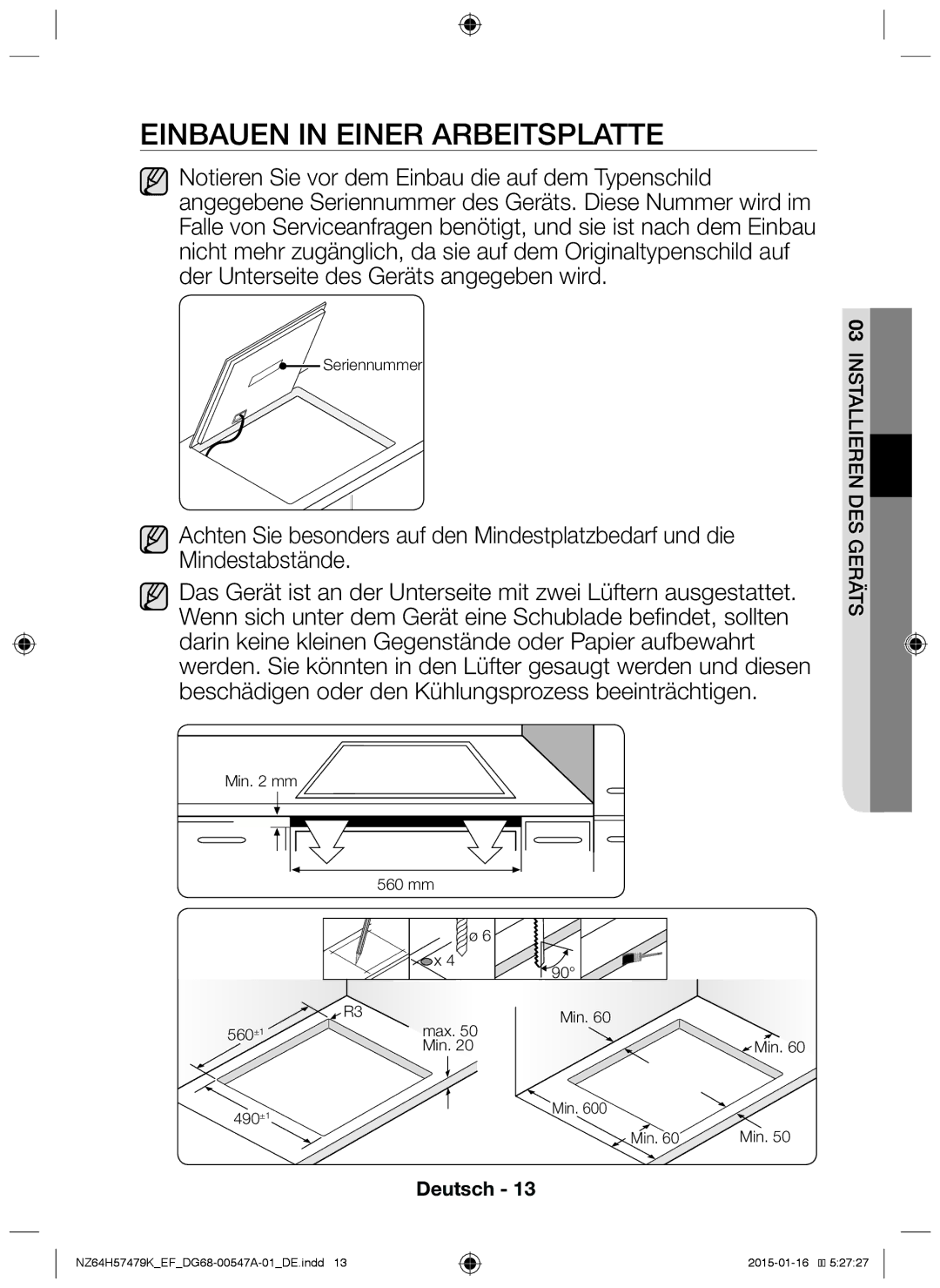 Samsung NZ64H57479K/EF manual Einbauen in einer Arbeitsplatte 