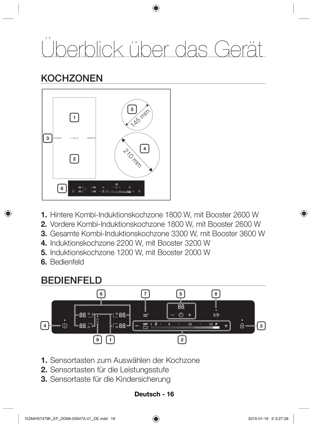 Samsung NZ64H57479K/EF manual Überblick über das Gerät, Kochzonen, Bedienfeld 