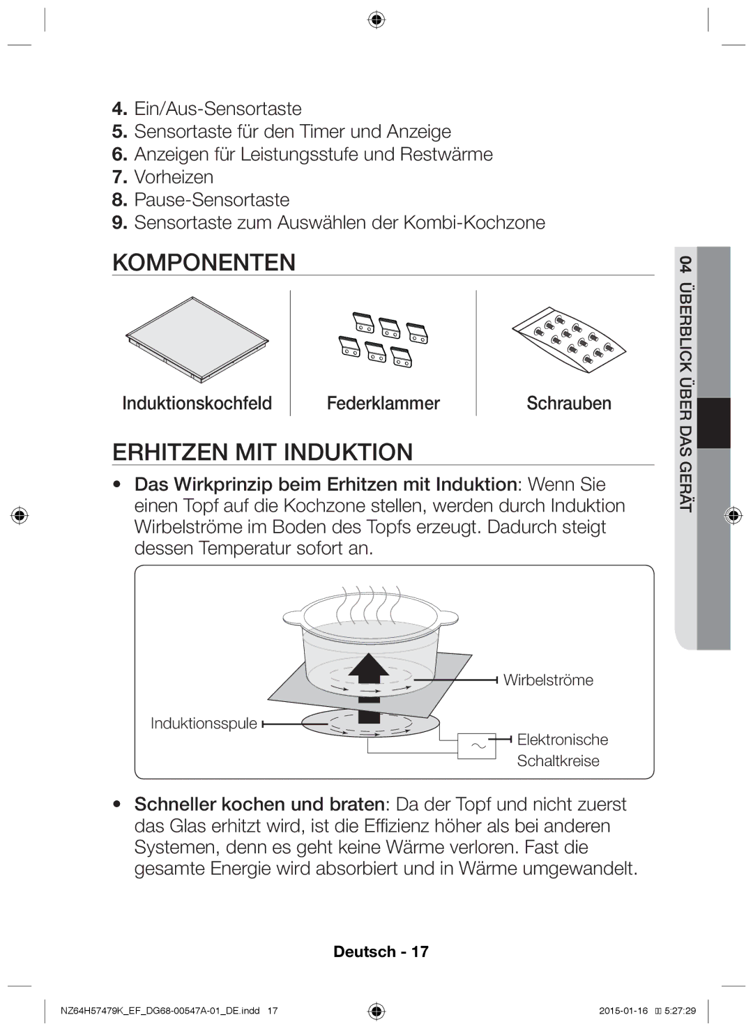 Samsung NZ64H57479K/EF manual Komponenten, Erhitzen mit Induktion, Induktionskochfeld Federklammer 