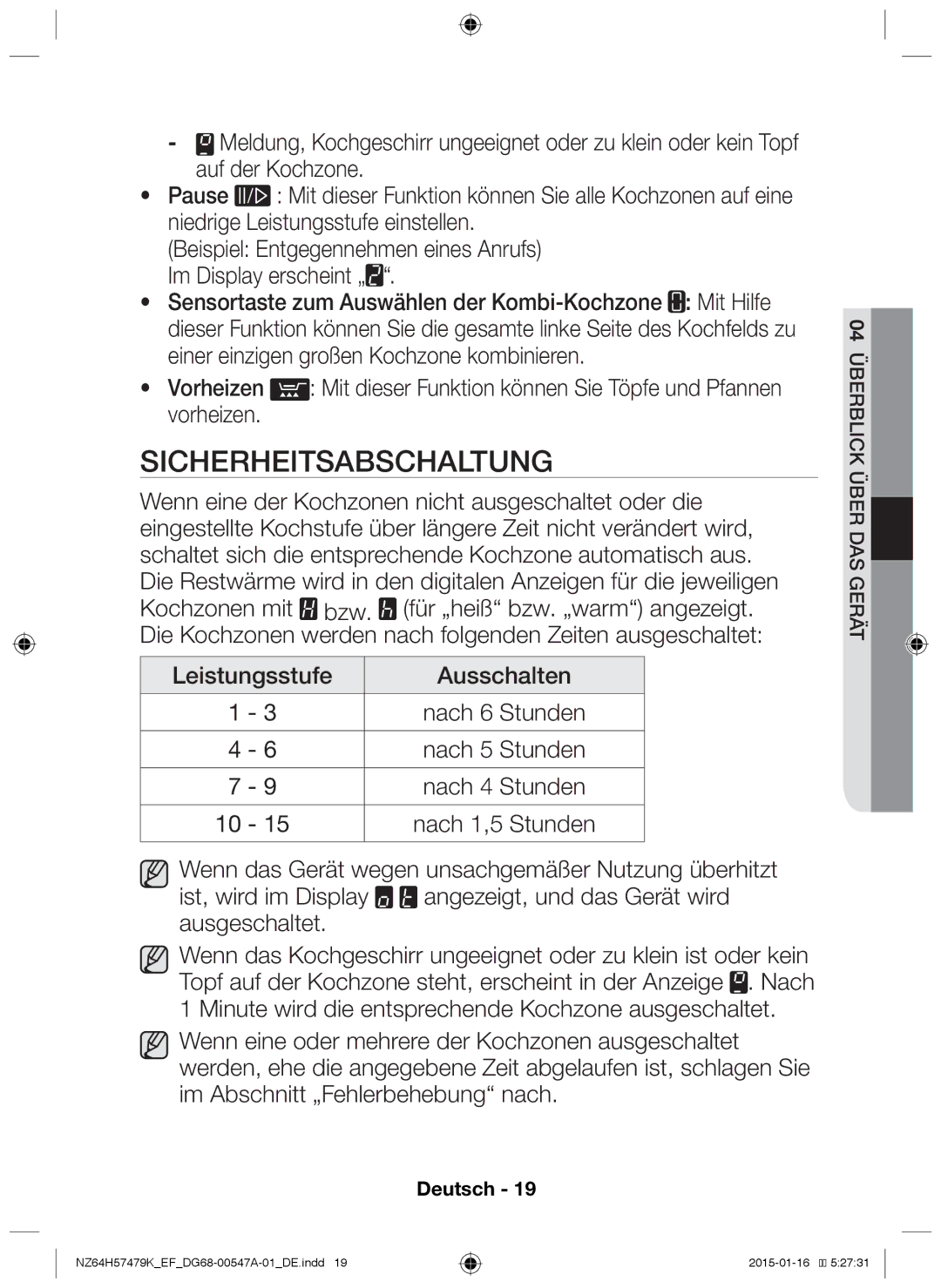 Samsung NZ64H57479K/EF manual Sicherheitsabschaltung 