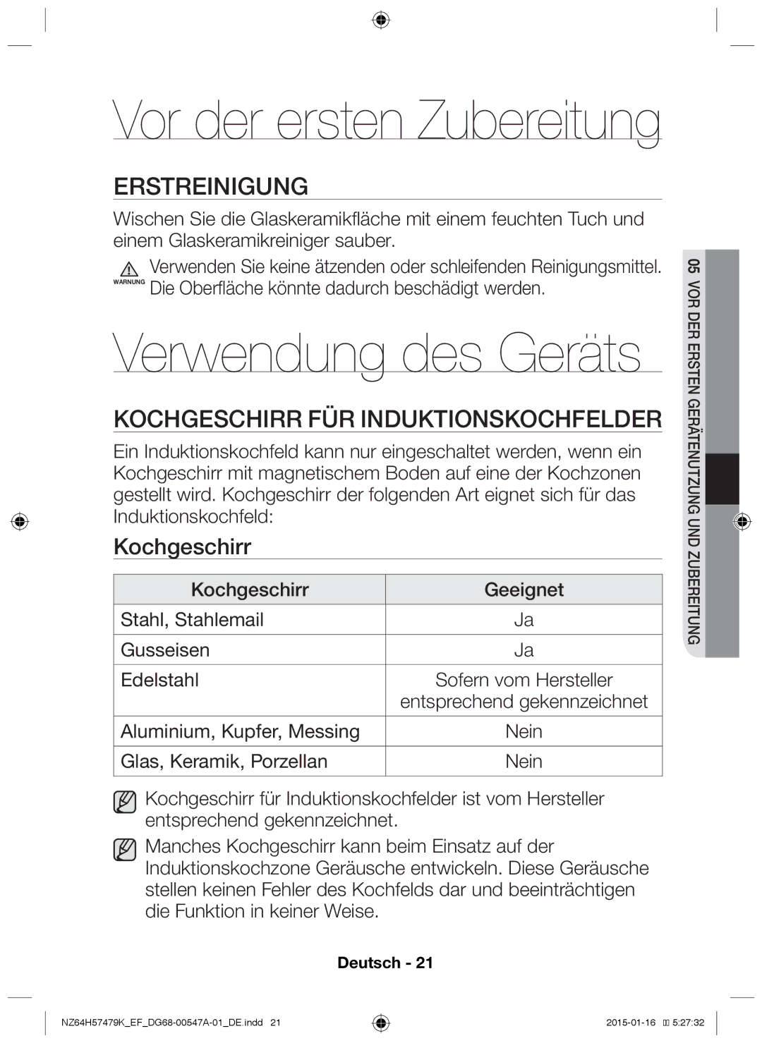 Samsung NZ64H57479K/EF manual Erstreinigung, Kochgeschirr für Induktionskochfelder 