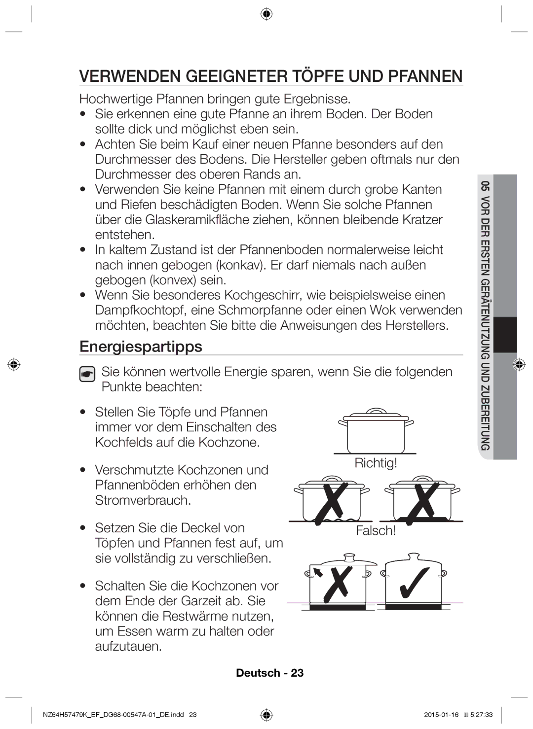 Samsung NZ64H57479K/EF manual Verwenden geeigneter Töpfe und Pfannen, Energiespartipps 