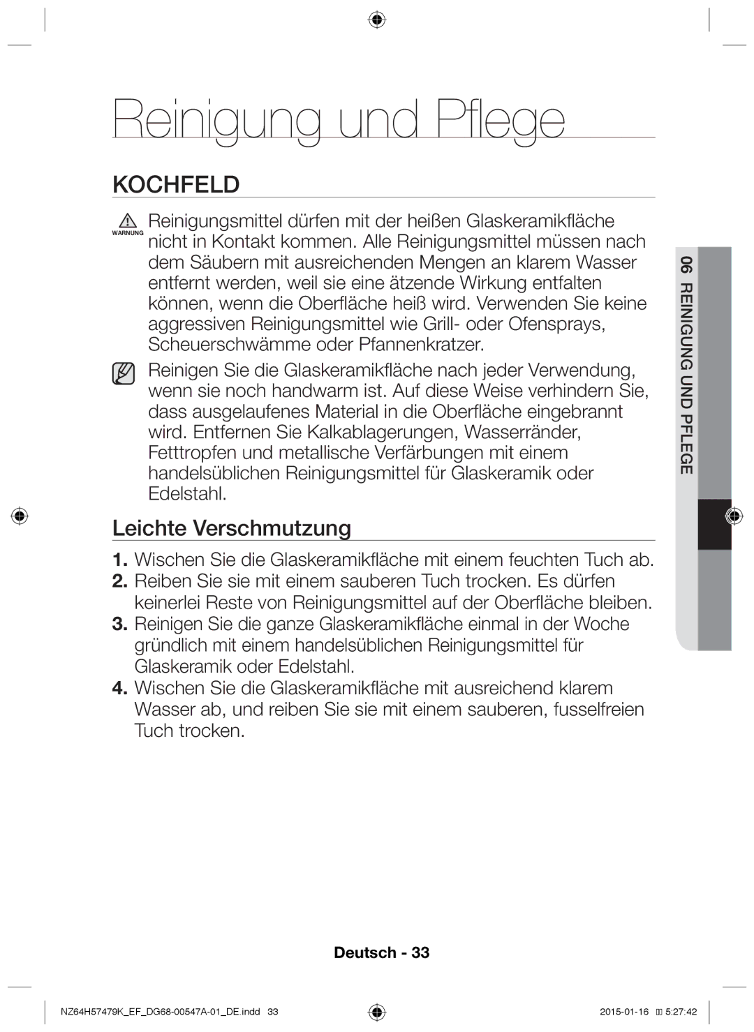 Samsung NZ64H57479K/EF manual Reinigung und Pflege, Kochfeld, Leichte Verschmutzung 