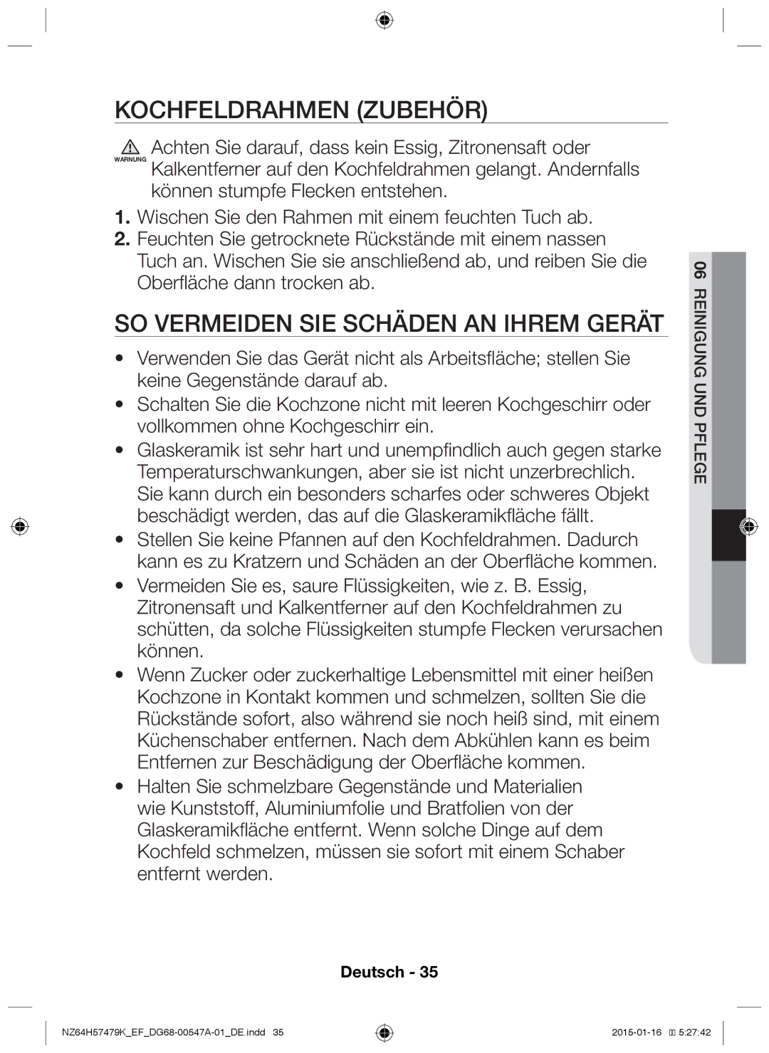 Samsung NZ64H57479K/EF manual Kochfeldrahmen Zubehör, So vermeiden Sie Schäden an Ihrem Gerät 