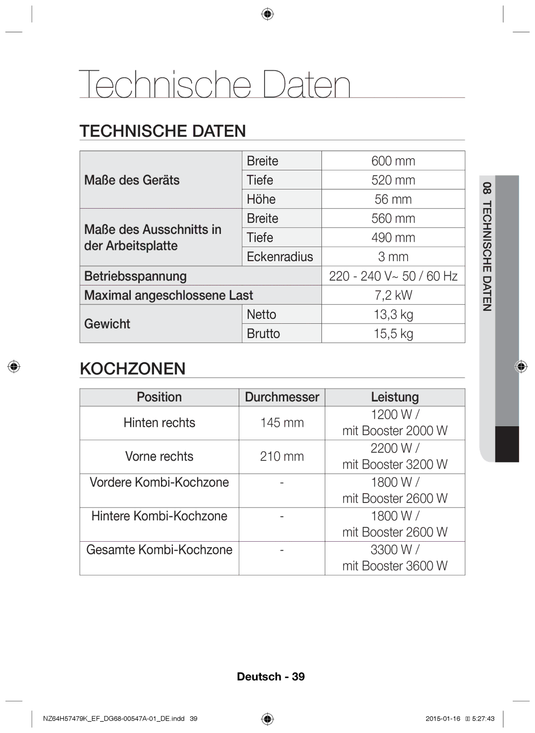 Samsung NZ64H57479K/EF manual Technische Daten 