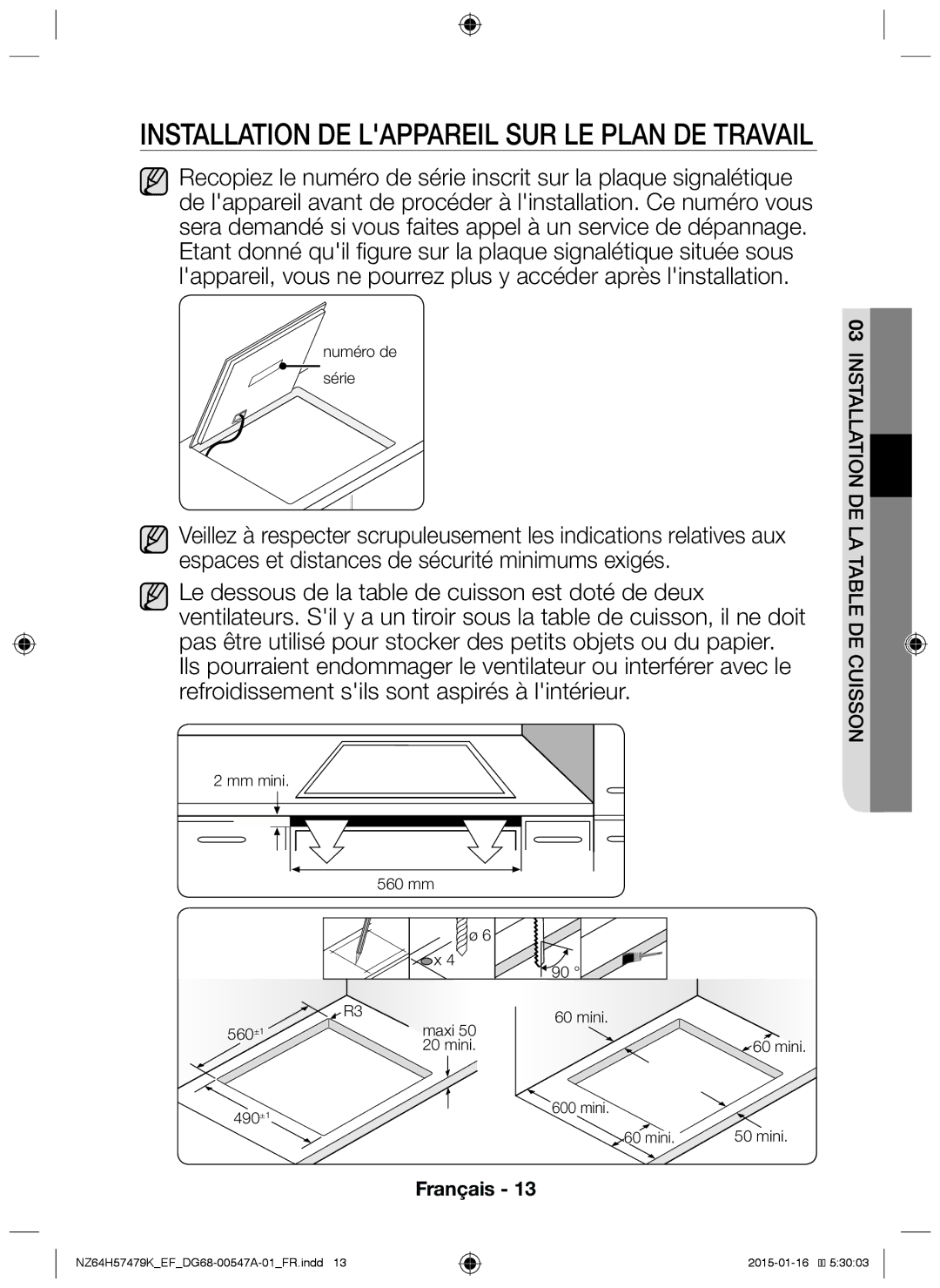 Samsung NZ64H57479K/EF manual Installation de lappareil sur le plan de travail 