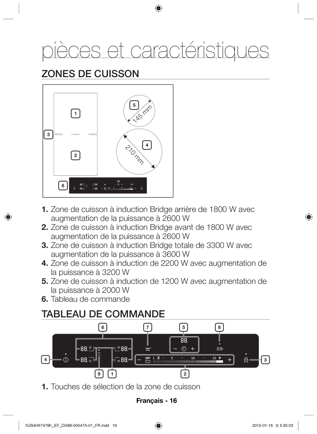 Samsung NZ64H57479K/EF manual Pièces et caractéristiques, Zones de cuisson, Tableau de commande 