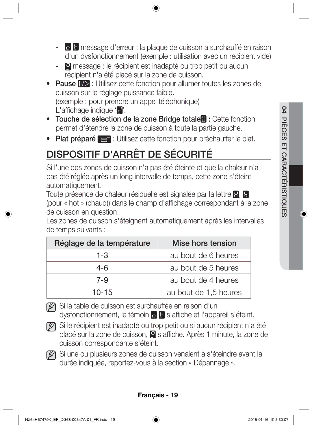 Samsung NZ64H57479K/EF manual Dispositif darrêt de sécurité 