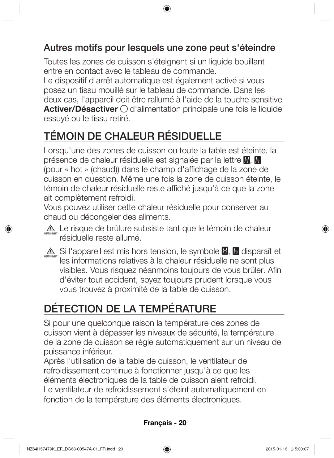 Samsung NZ64H57479K/EF manual Témoin de chaleur résiduelle, Détection de la température 