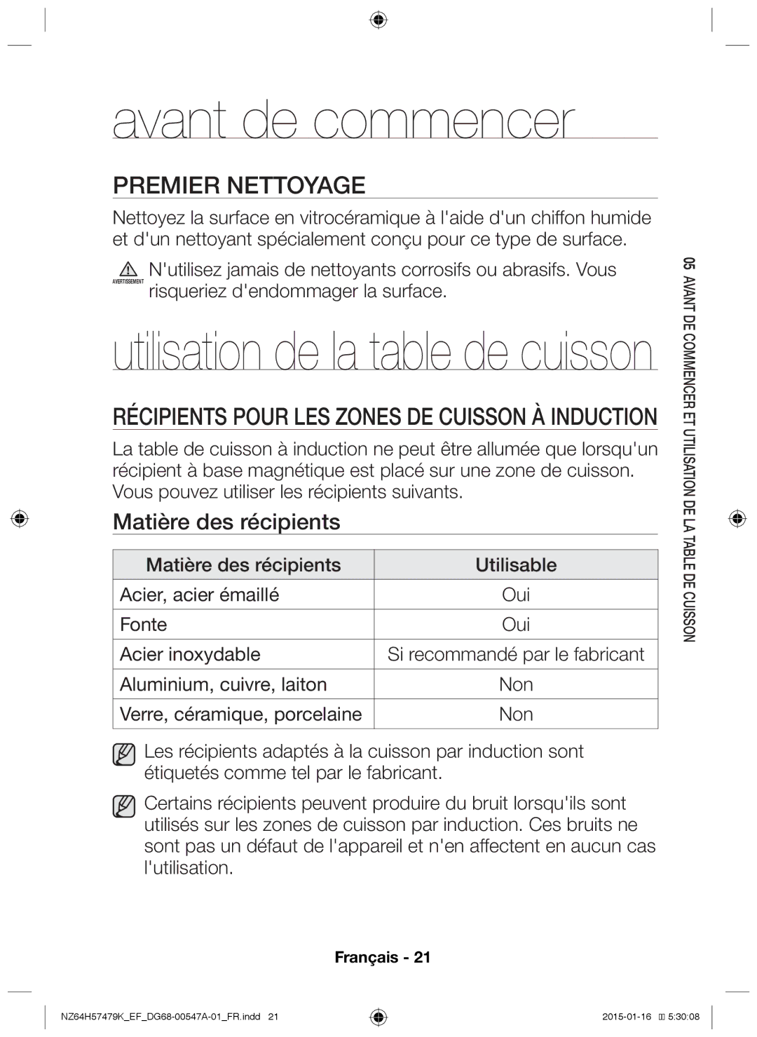 Samsung NZ64H57479K/EF manual Avant de commencer, Premier nettoyage, Récipients pour les zones de cuisson à induction 