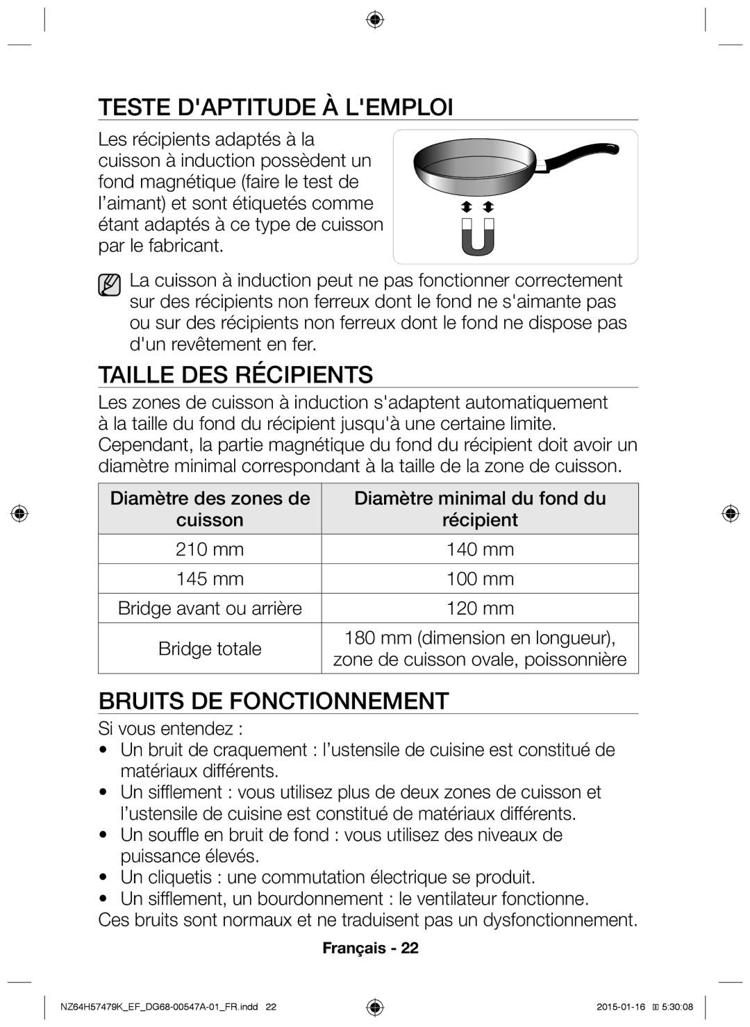 Samsung NZ64H57479K/EF manual Teste daptitude à lemploi, Taille des récipients, Bruits de fonctionnement, 120 mm 