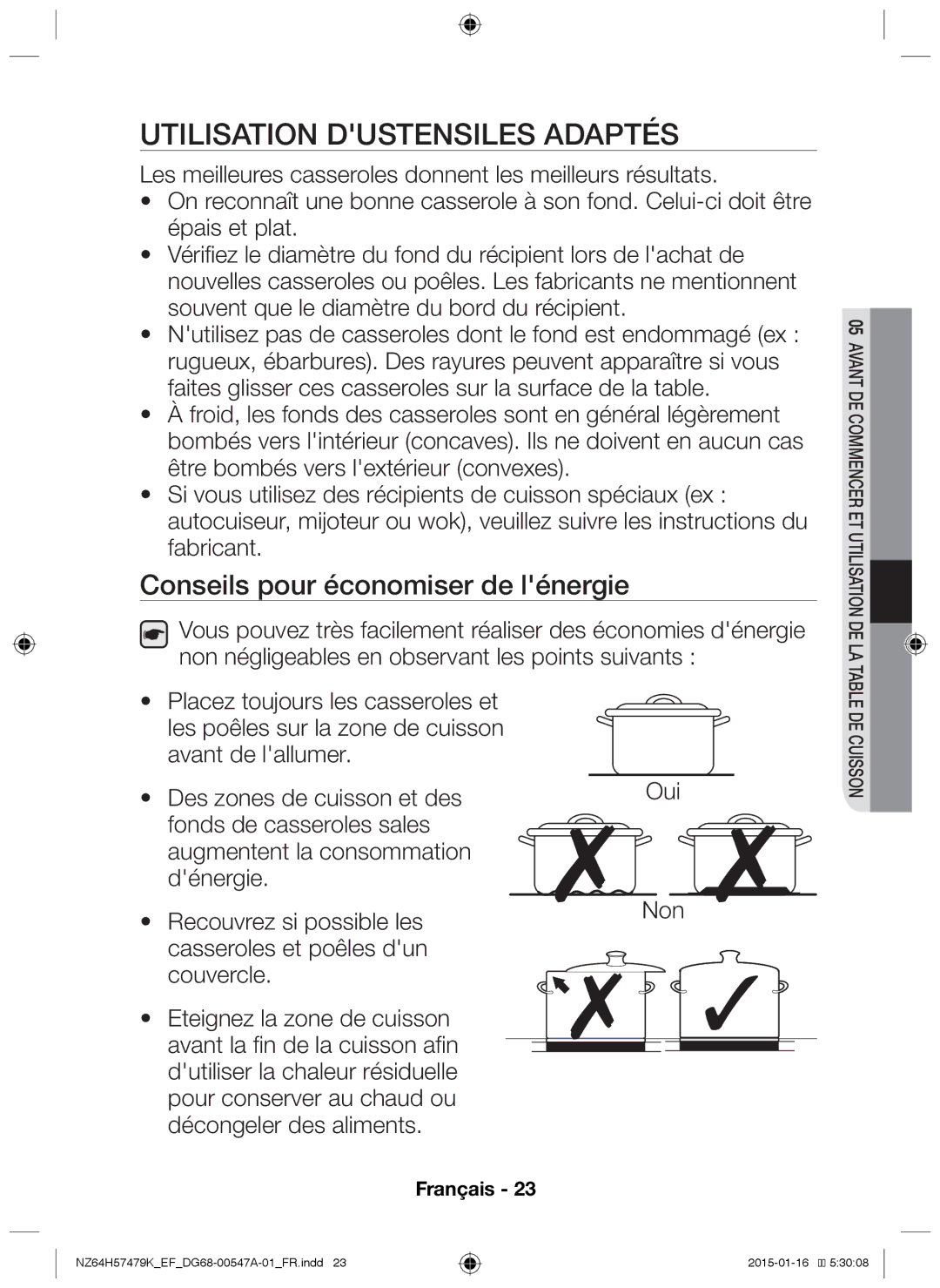 Samsung NZ64H57479K/EF manual Utilisation dustensiles adaptés, Conseils pour économiser de lénergie 