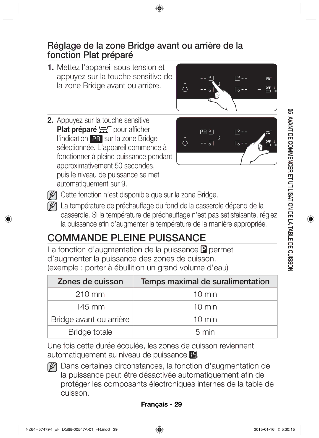 Samsung NZ64H57479K/EF manual Commande pleine puissance, Mettez lappareil sous tension et, Min 