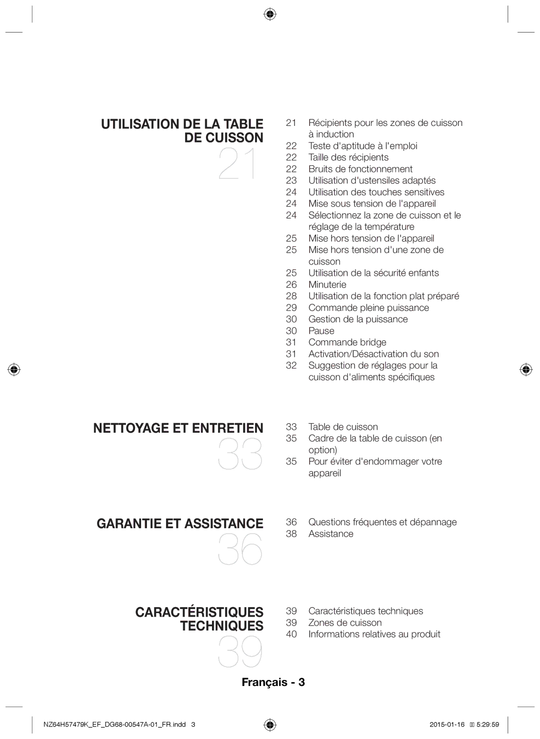 Samsung NZ64H57479K/EF manual Utilisation de la table de cuisson 