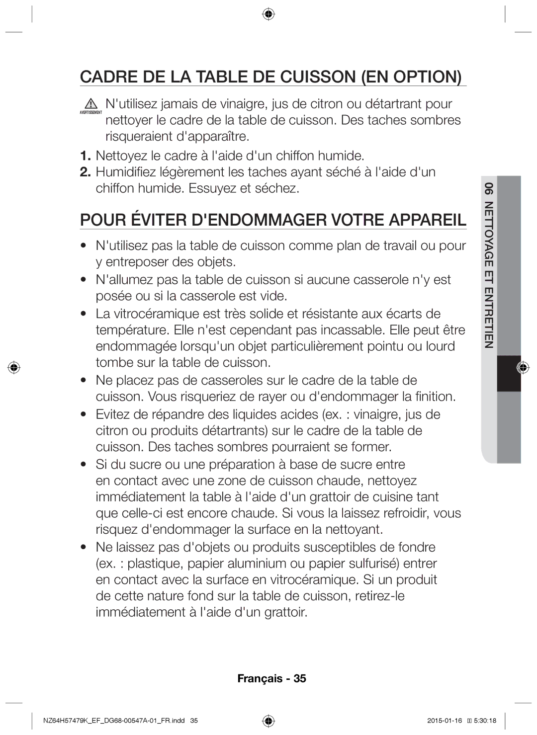 Samsung NZ64H57479K/EF manual Cadre de la table de cuisson en option, Pour éviter dendommager votre appareil 