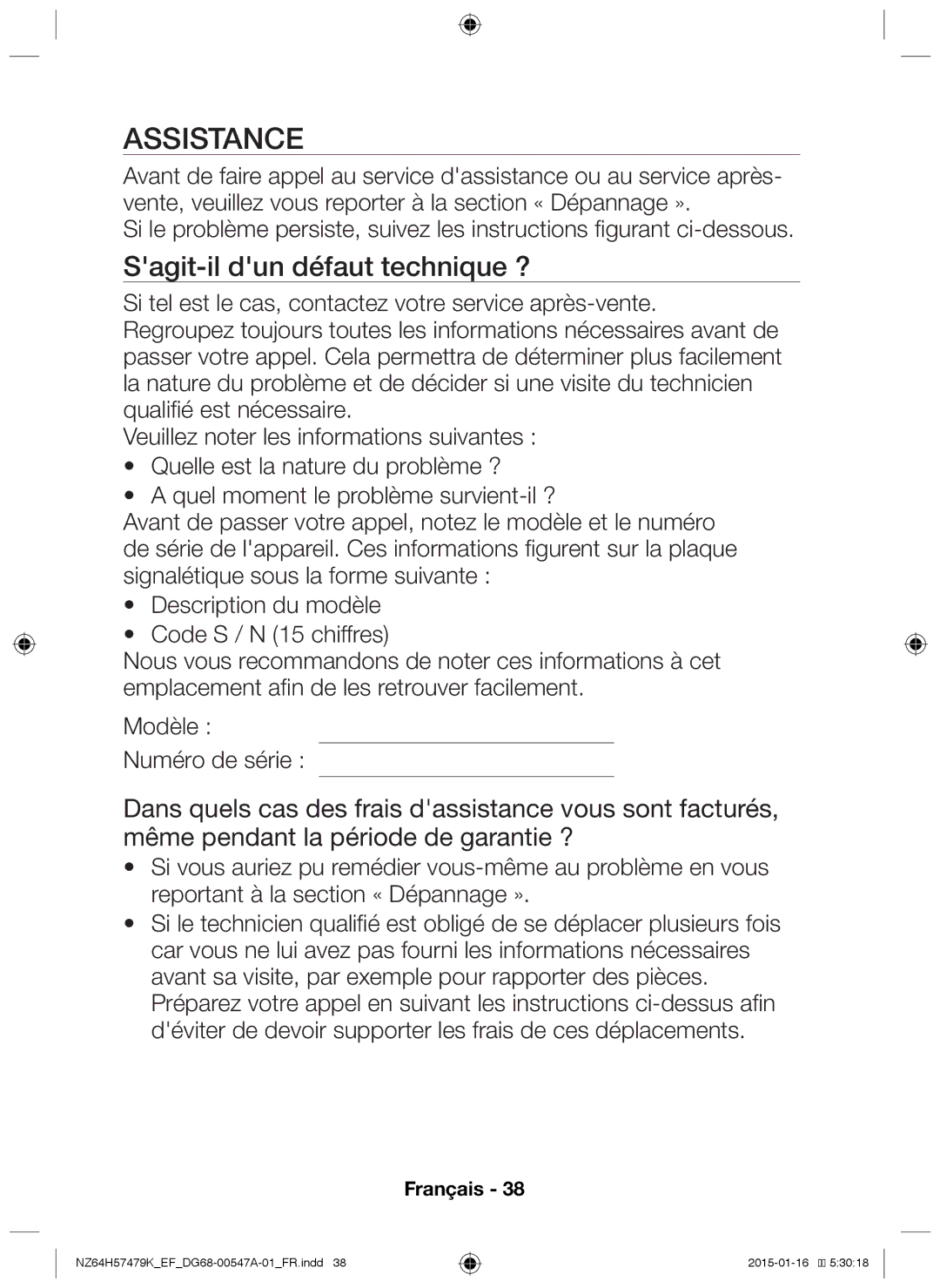 Samsung NZ64H57479K/EF manual Assistance, Sagit-il dun défaut technique ? 