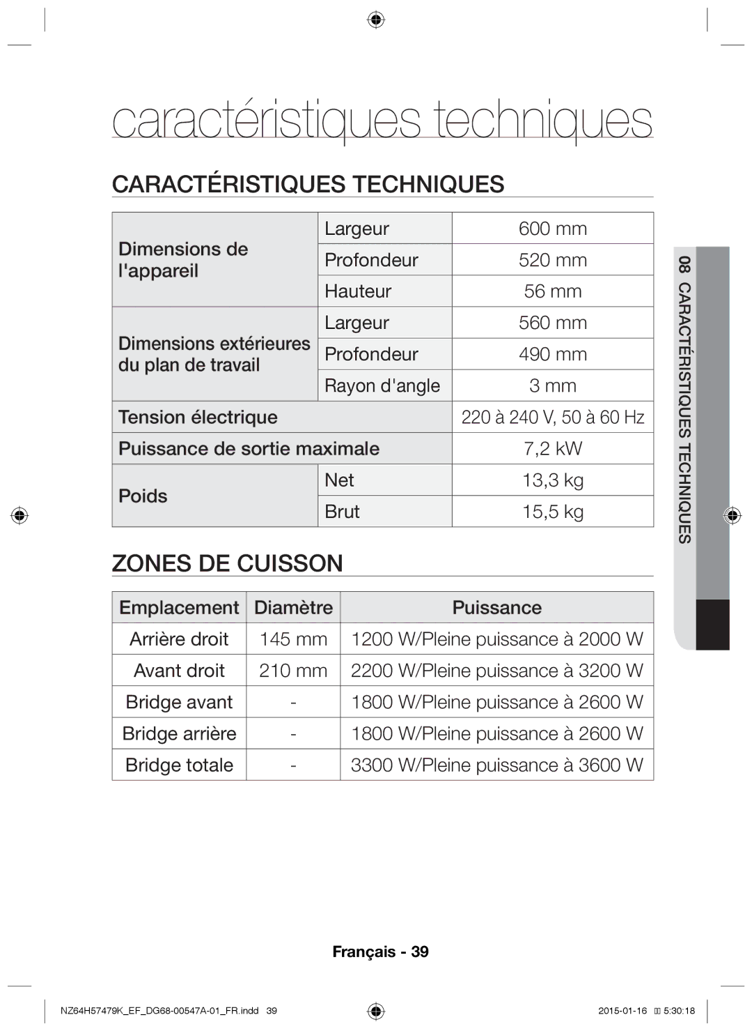 Samsung NZ64H57479K/EF manual Caractéristiques techniques 