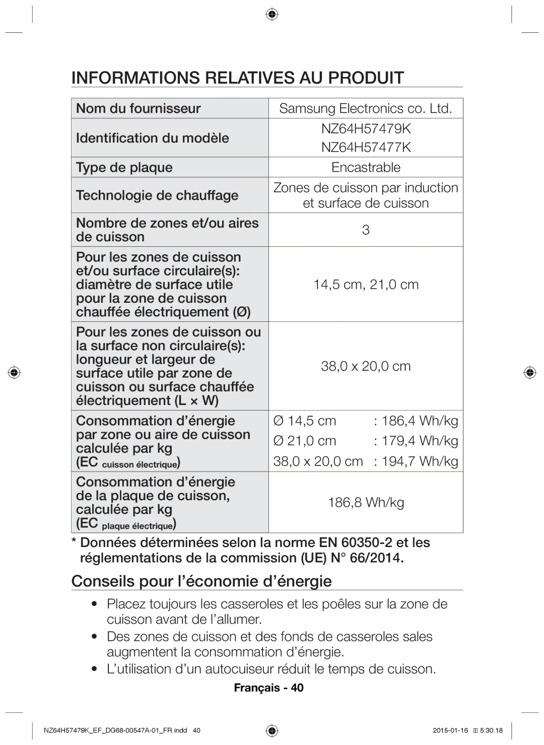 Samsung NZ64H57479K/EF manual Informations relatives au produit, Conseils pour l’économie d’énergie, Type de plaque 