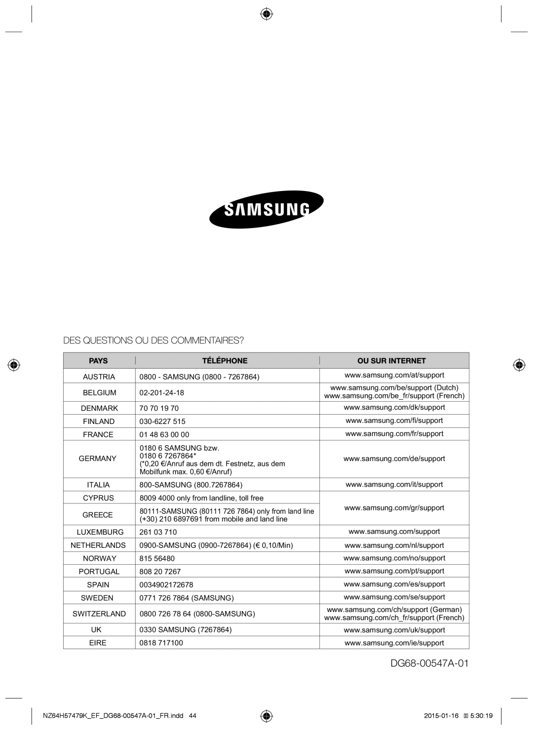 Samsung NZ64H57479K/EF manual DG68-00547A-01 