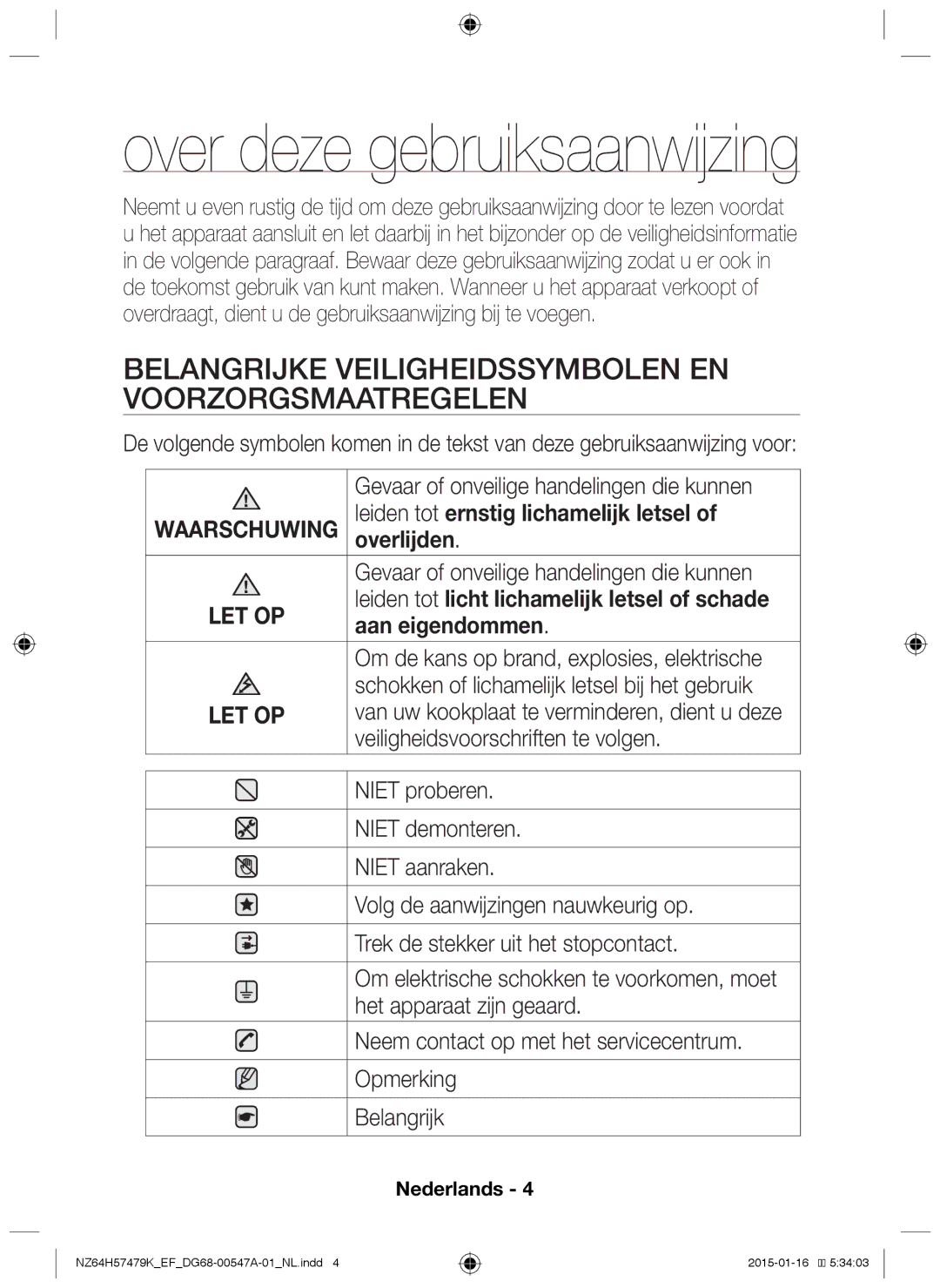 Samsung NZ64H57479K/EF Belangrijke veiligheidssymbolen en voorzorgsmaatregelen, Leiden tot ernstig lichamelijk letsel 