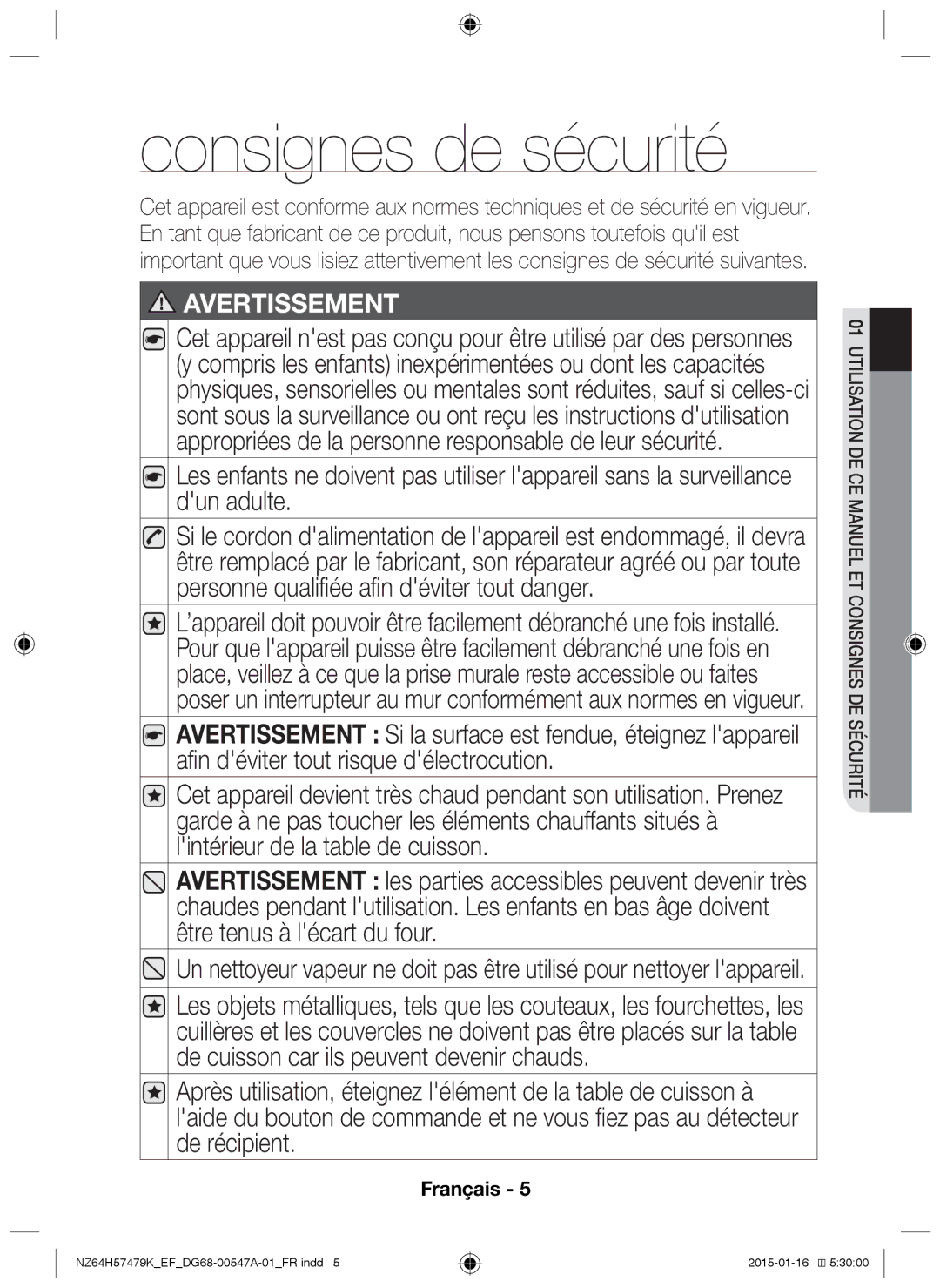 Samsung NZ64H57479K/EF manual Consignes de sécurité, Avertissement 