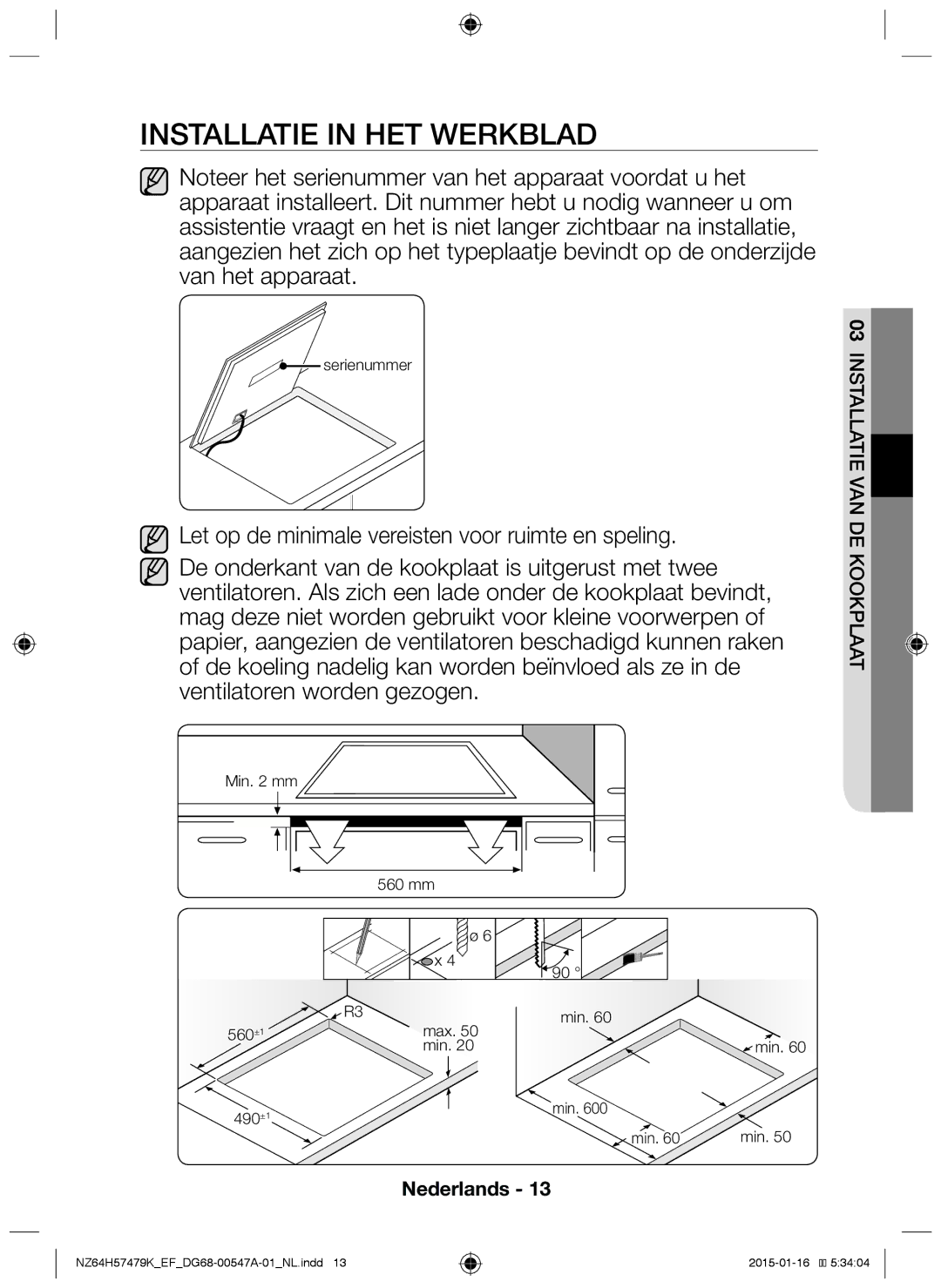 Samsung NZ64H57479K/EF manual Installatie in het werkblad 