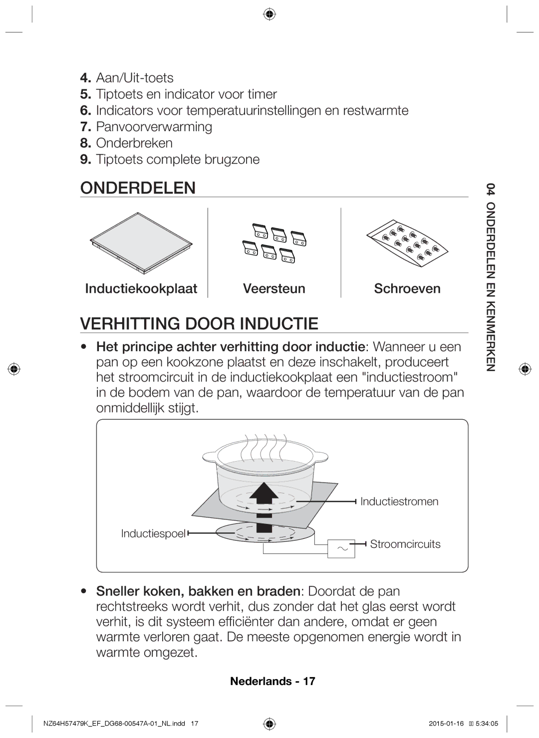 Samsung NZ64H57479K/EF manual Onderdelen, Verhitting door inductie, Inductiekookplaat Veersteun Schroeven 