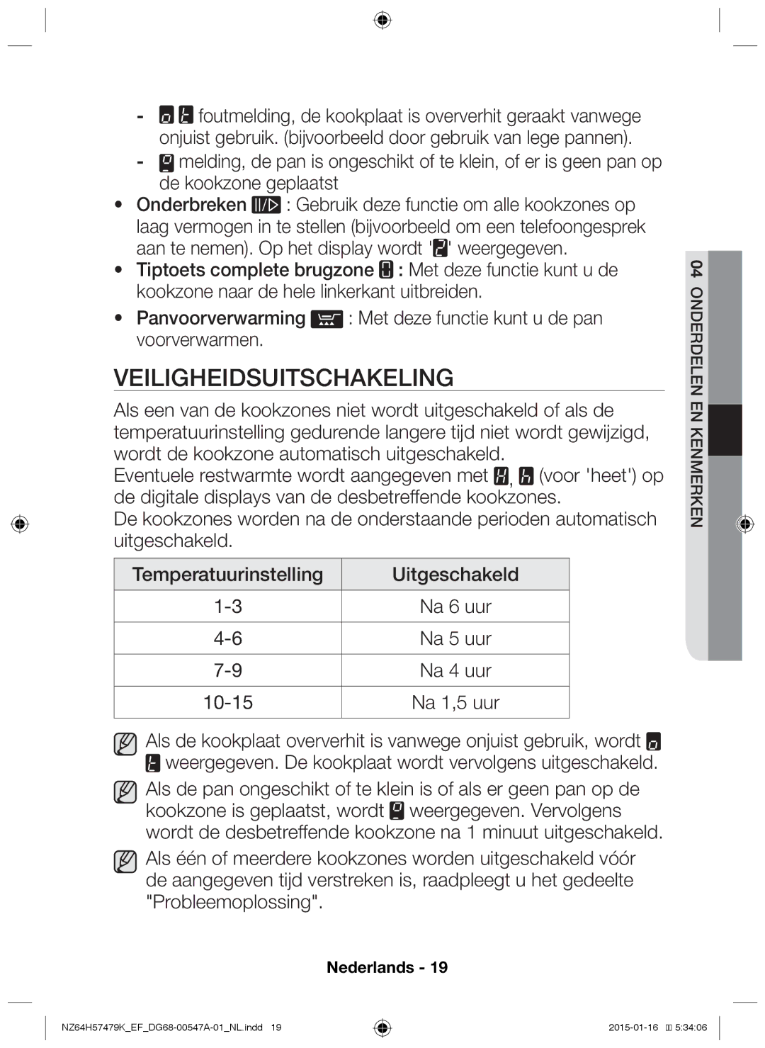 Samsung NZ64H57479K/EF manual Veiligheidsuitschakeling 