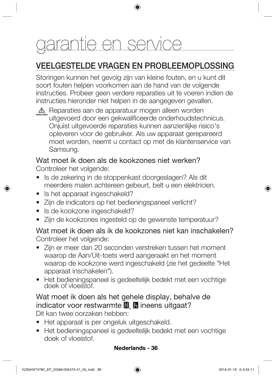 Samsung NZ64H57479K/EF manual Garantie en service, Veelgestelde vragen en probleemoplossing 