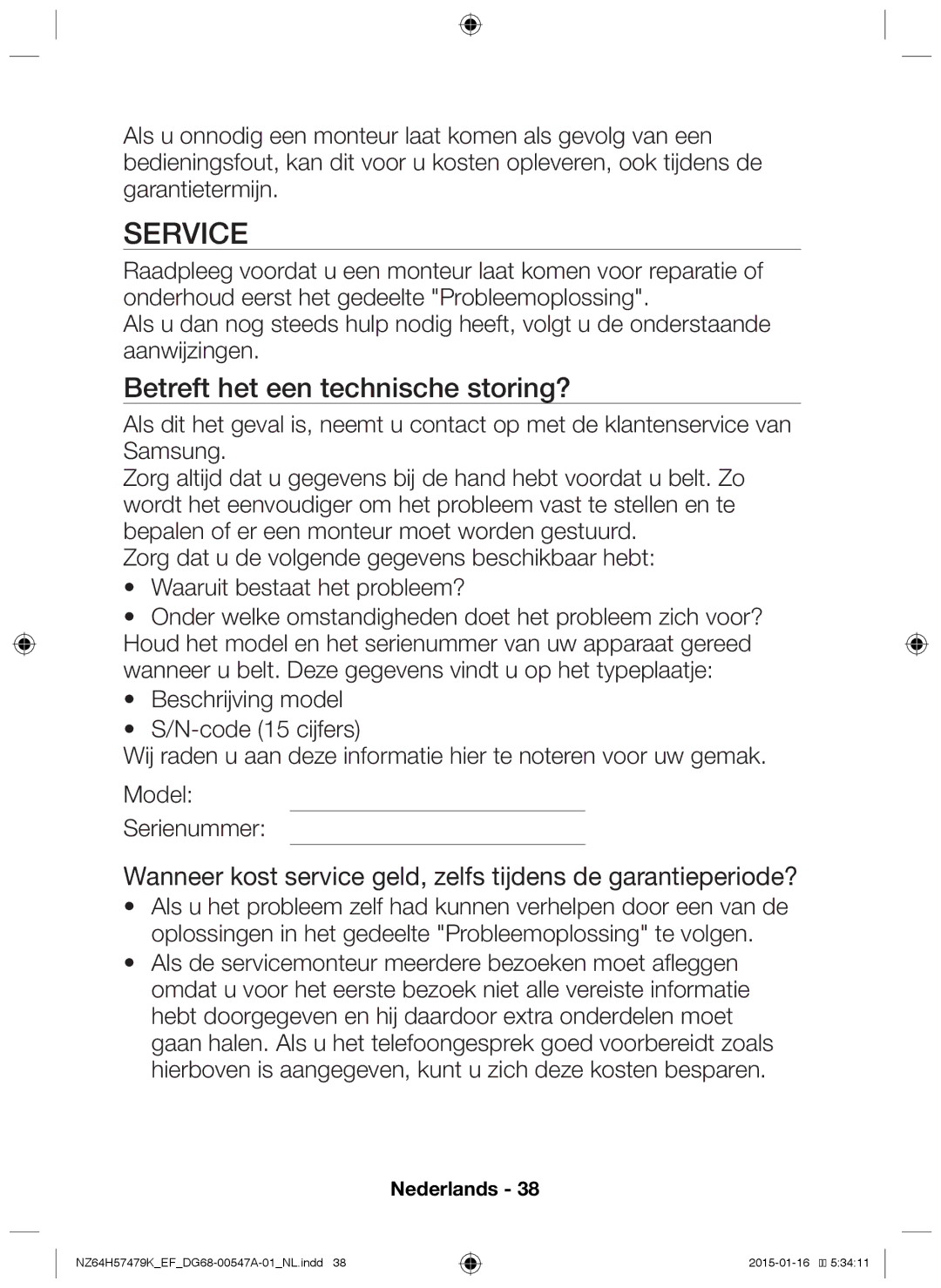 Samsung NZ64H57479K/EF manual Service, Betreft het een technische storing? 