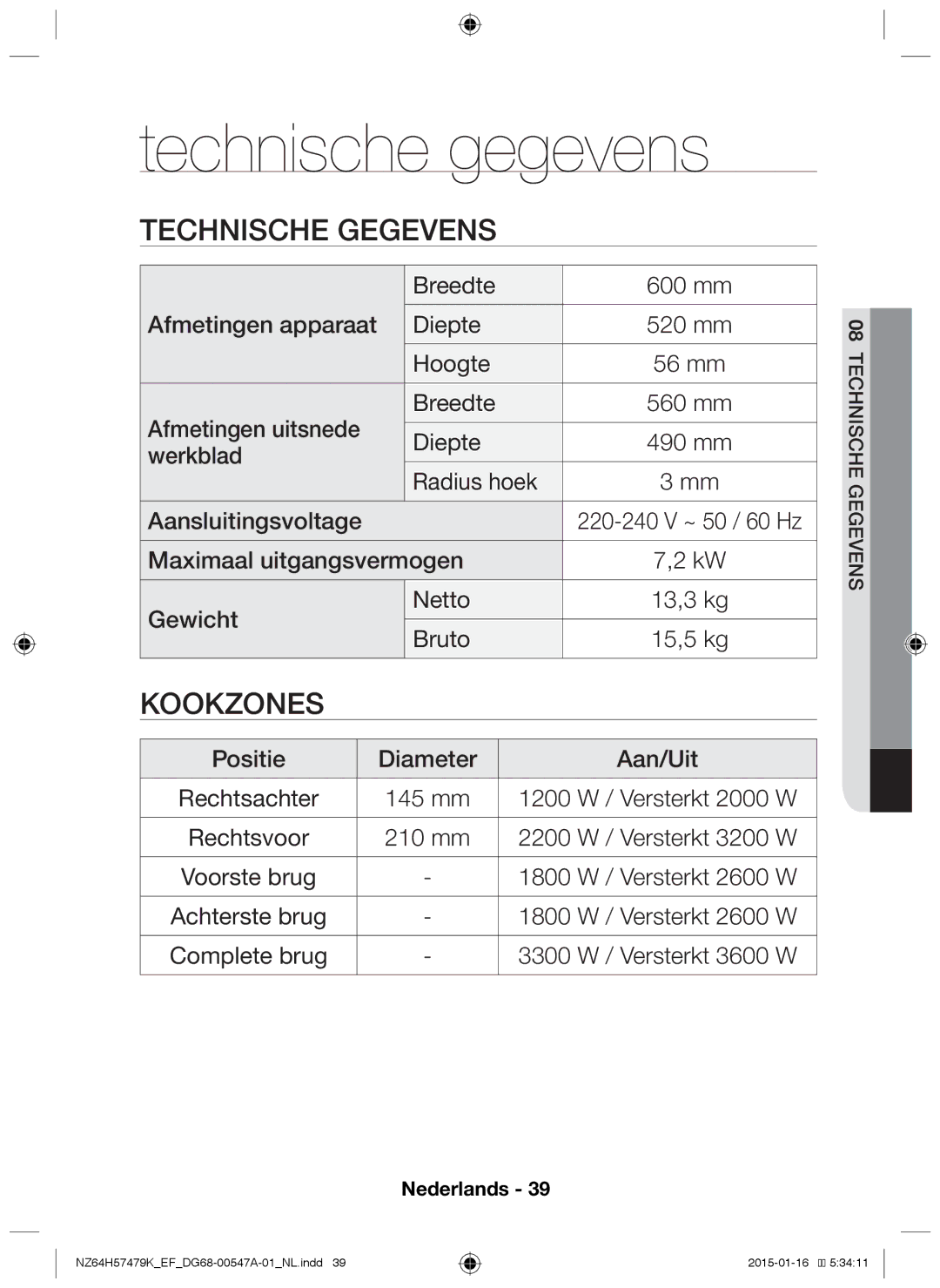 Samsung NZ64H57479K/EF manual Technische gegevens 