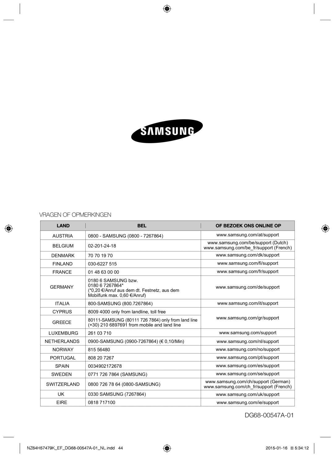 Samsung NZ64H57479K/EF manual DG68-00547A-01 